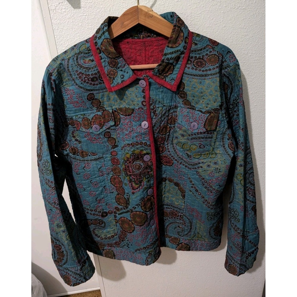 Vtg Boho Reversible Teal Red Paisley‎ Quilted Jacket Blazer No Tag Brand